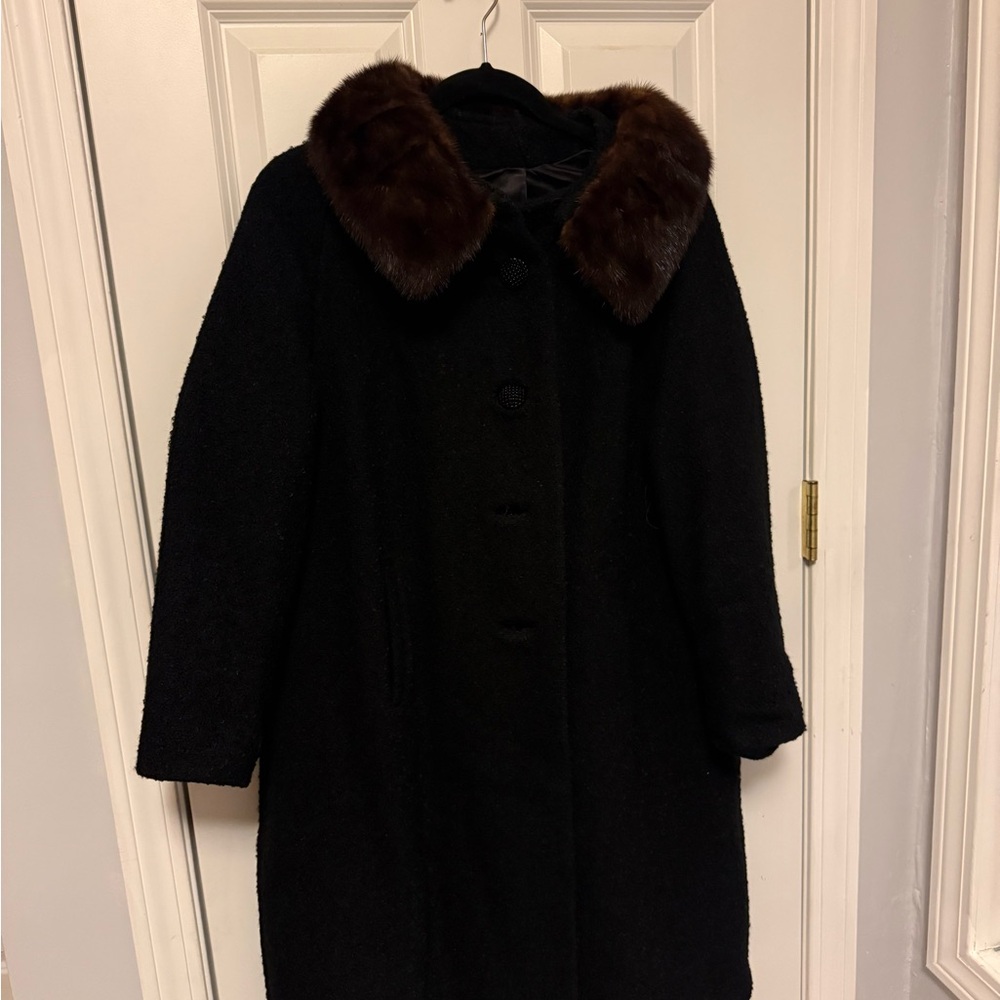 Black Vintage Coat with Real Fur Collar